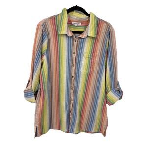 Serengeti Women Plus 2X Button up Shirt Rainbow Stripe Cotton Gauze V Neck Boho